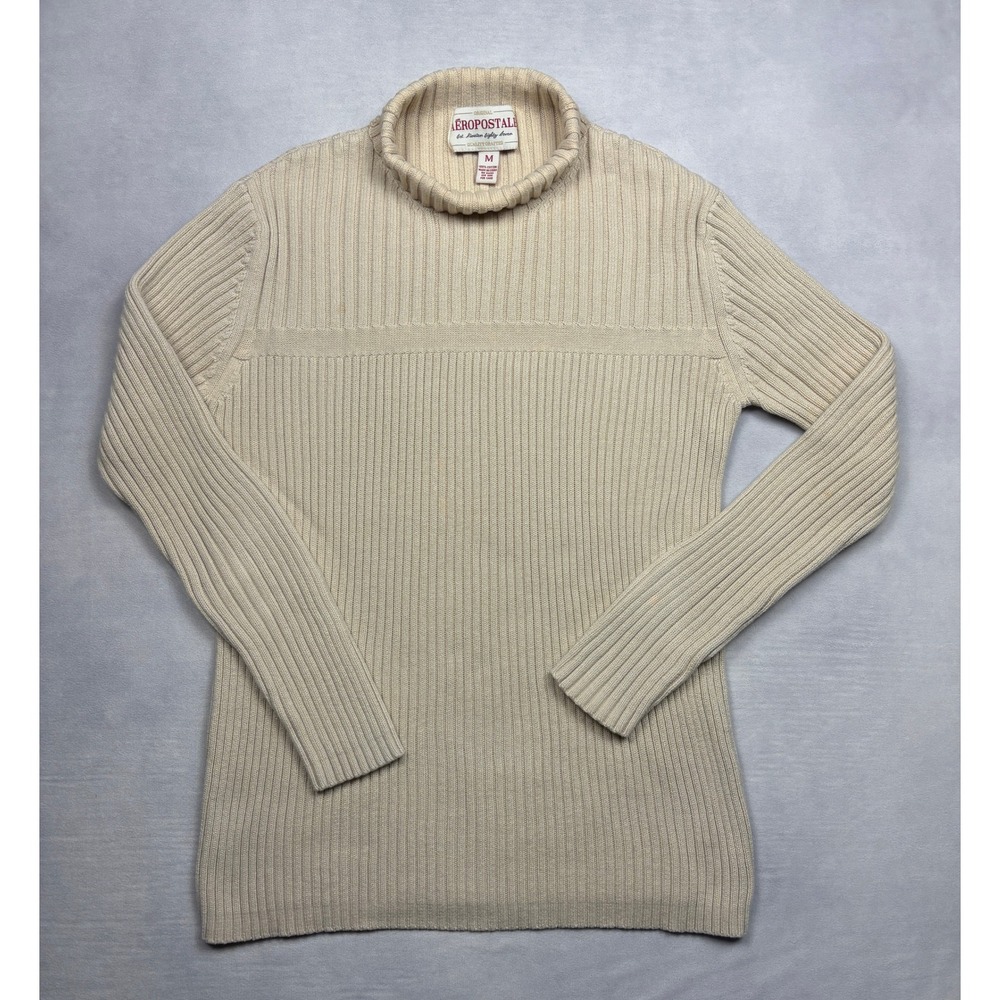 Aeropostale Mens Beige Ribbed Mock Neck Cotton Sweater Long Sleeve Cream Size M